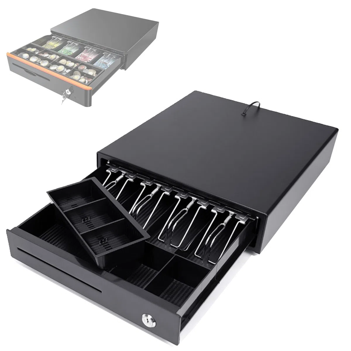 Cajón registrador para monedas y billetes, apertura automática y manual, 4 compartimentos para 8 monedas, perfecto para restaurantes y entornos minoristas