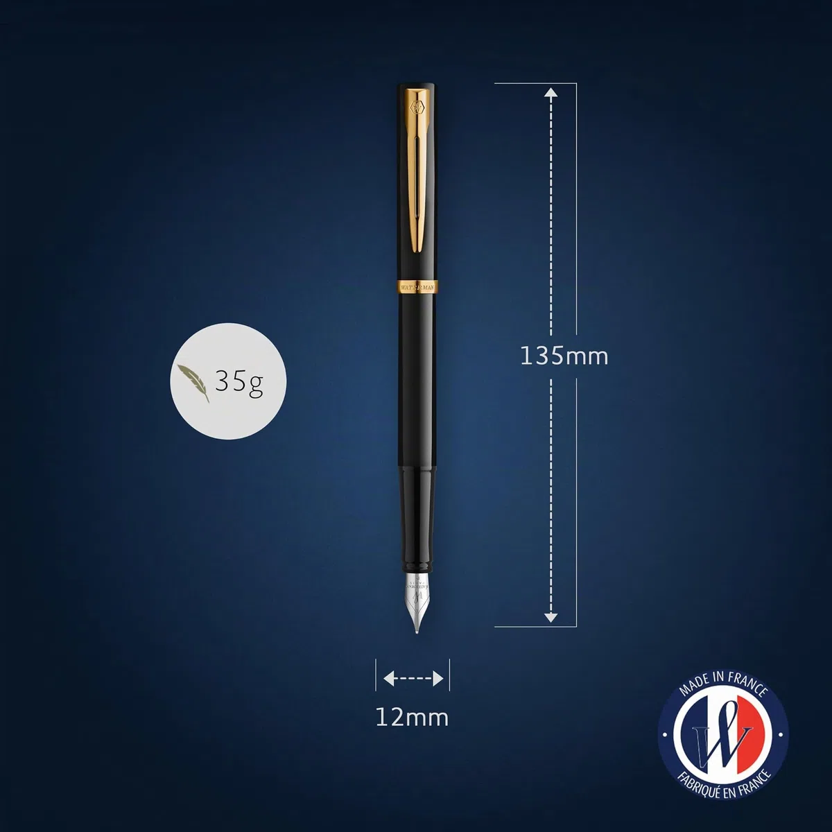 Waterman Impression Pluma estilográfica | Plumín medio con recarga de tinta azul | Laca negra con adornos chapados en oro | Caja de regalo