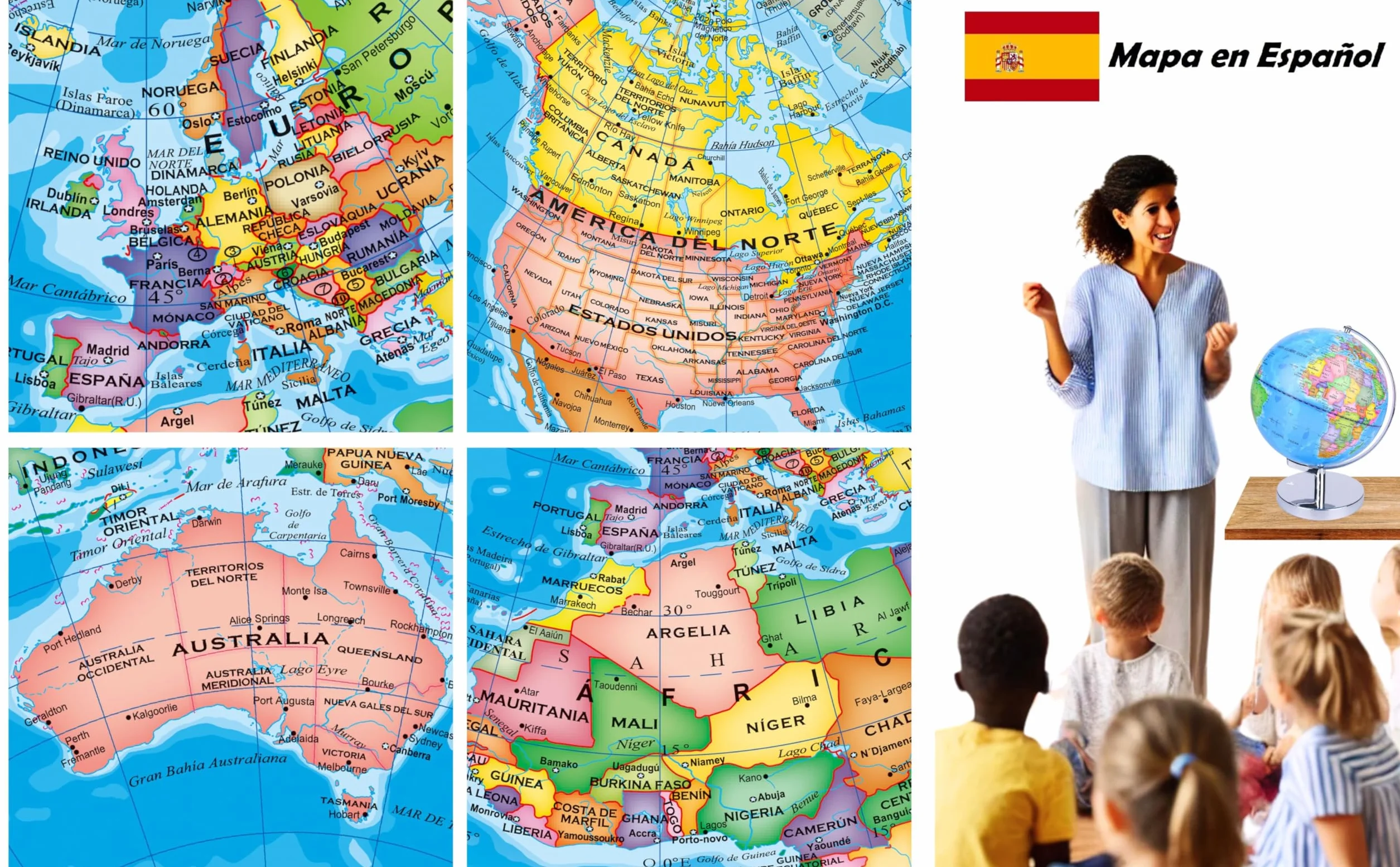 EXERZ Globo Terráqueo Iluminado 23 cm Mapa Español Y Constelaciones Lámpara LED Sin Cable Base Metálica Cromada Modo Día Noche