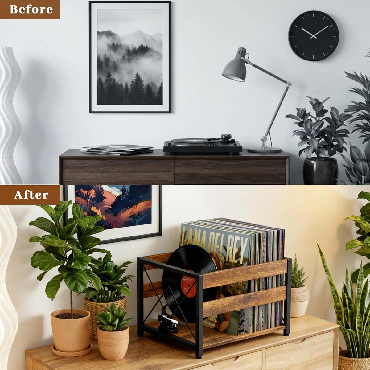 HFHOME Caja de almacenamiento de discos de vinilo, caja de almacenamiento de madera, organizador de estantes de CD de cubo clásico, capacidad para hasta 100 registros, revistero para escritorio, hogar