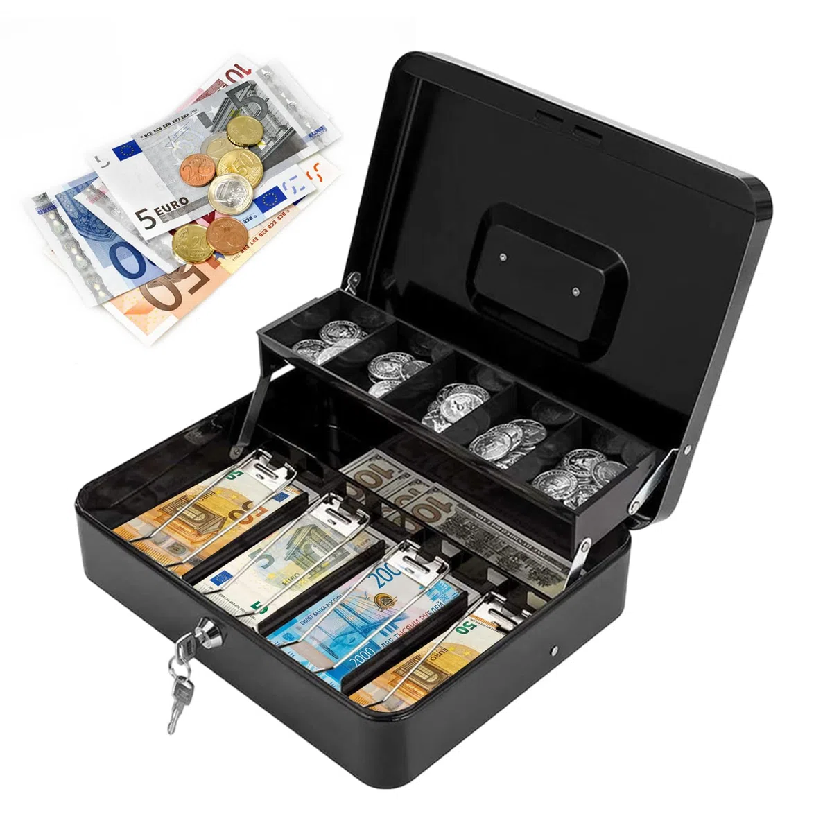 Cajón de efectivo, con cerradura, 4 compartimentos para billetes/5 | compartimentos para monedas, carcasa de metal, hucha con llaves, cajón pequeño para registradora, de efectivo con c
