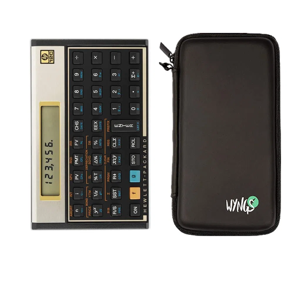 HP 12C - Calculadora financiera + funda protectora WYNGS, color negro