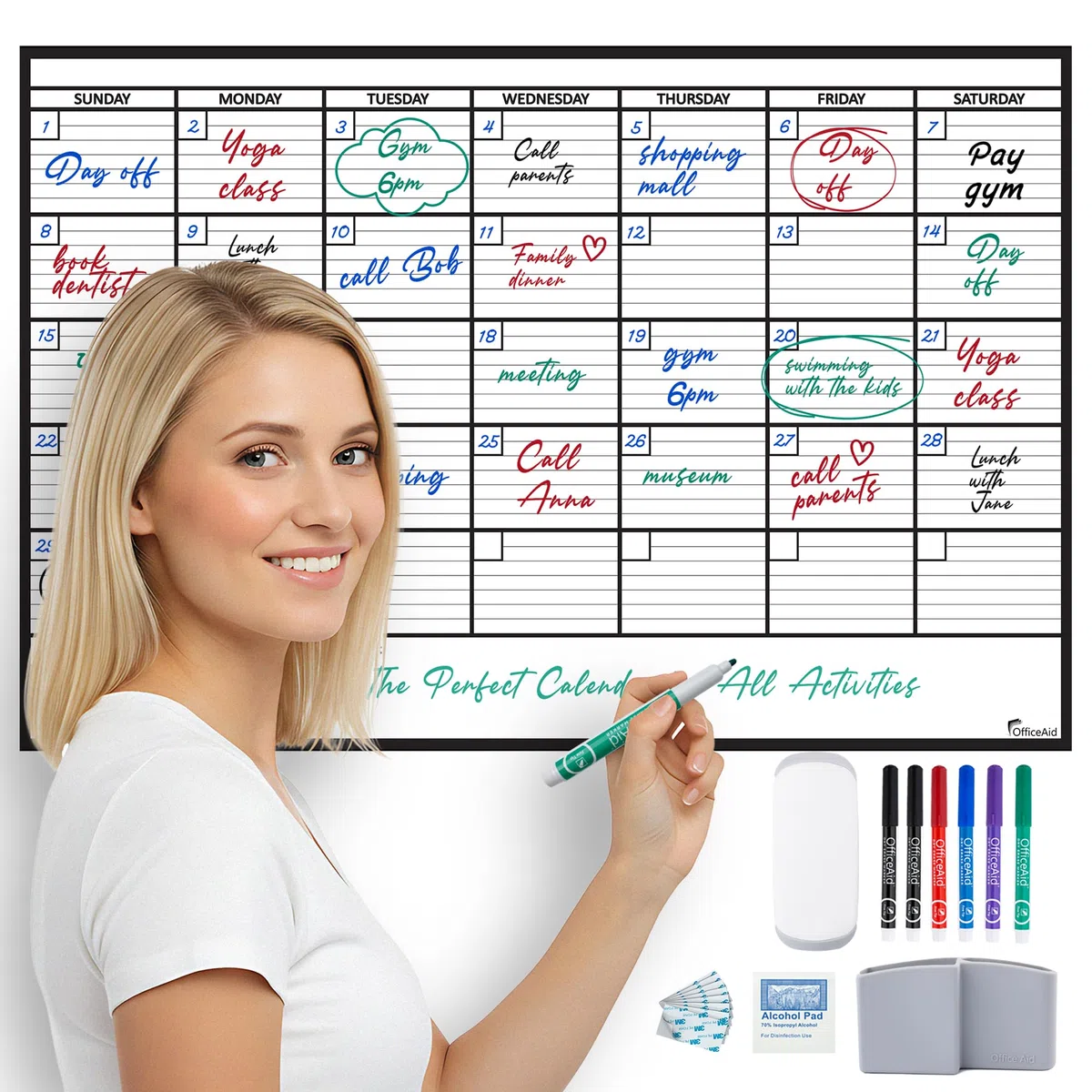 Calendario grande de borrado en seco para pared de 24 x 36 pulgadas, oficina familiar gigante, grande, reutilizable, planificador mensual borrable, pizarra blanca enrollada, calendario de borrado en