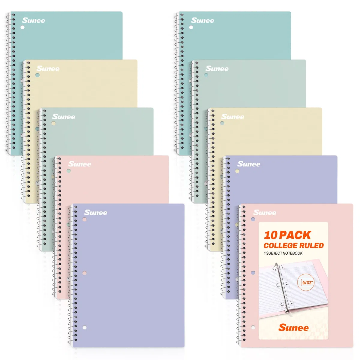 SUNEE Cuadernos en espiral, 1 materia, paquete de 10, papel rayado universitario, 8 x 10-1/2 pulgadas, 70 hojas por cuaderno, papel perforado de 3 agujeros, rosa, morado, azul, verde, amarillo,