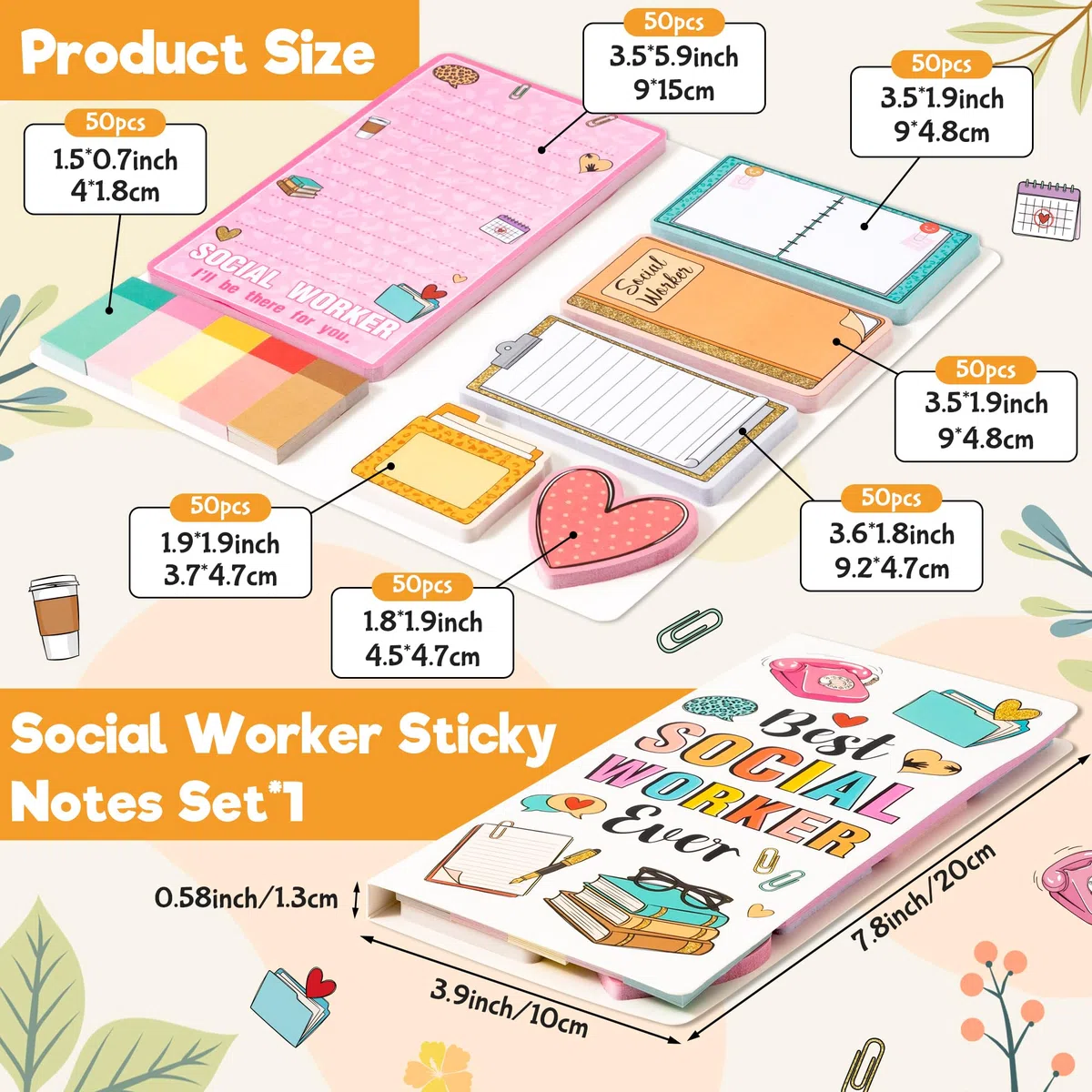 Xqumoi Juego de notas adhesivas para trabajadores sociales, 550 hojas de bloc de notas autoadhesivas con texto en inglés "Best Social Worker Ever" I'll Be There for You, pestañas divisoras, regalos de