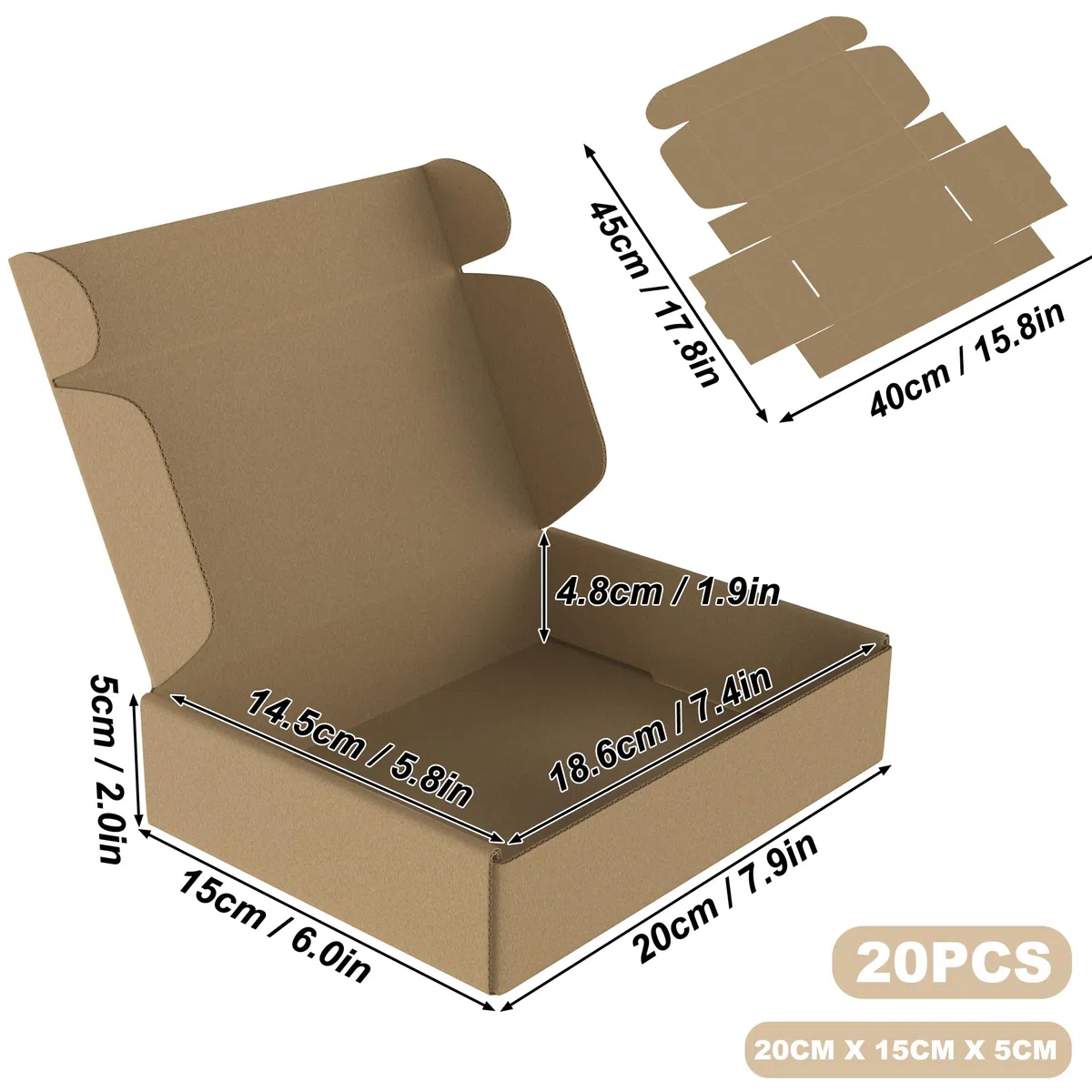 Froadp Caja de cartón para envío, 20 x 15 x 5 cm, 100 unidades | Diseño plegable, montaje rápido sin herramientas, ideal para artículos pequeños, regalos y almacenamiento que ahorra espacio