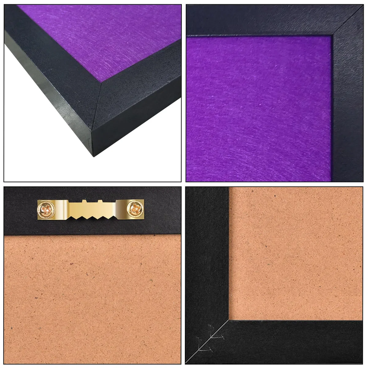 Tablón de anuncios morado de corcho con fieltro, 43 x 33 cm, pequeño tablero de visión para paredes, joyas, notas, colección, fotos, oficina, marco negro y tablero de fieltro morado, 1 unidad, Reino