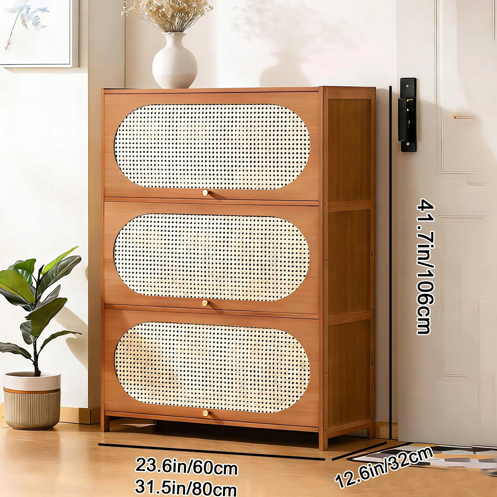 Zapatero Armario 7 Niveles Puertas Ratán 60×106cm Organizador Zapatos Rústico