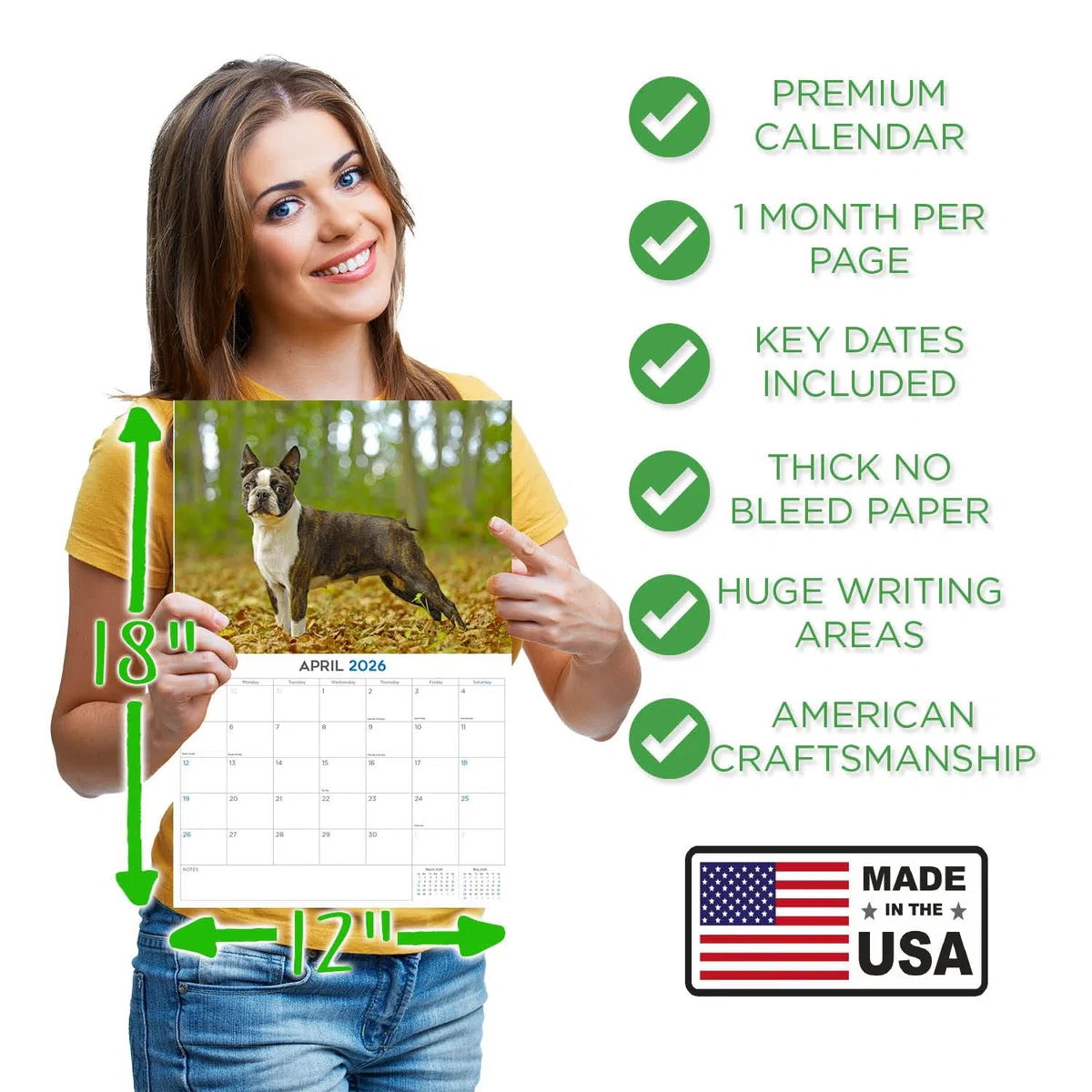 Calendario 2024 2025 Boston Terrier – Calendario mensual de pared de raza de perro – 12 x 18 pulgadas abierto – Papel grueso que no se corre – Regalo – Calendario académico para profesores,