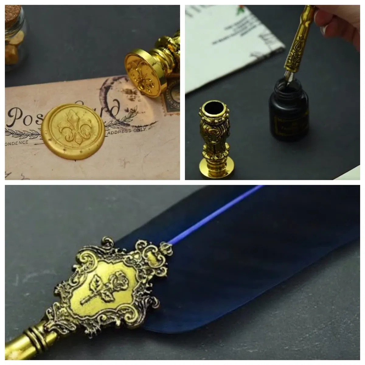 Joyeee Quill Pen Juego de caligrafía, con bolígrafo de inmersión de madera, puntas, sello de cera de sellado, soporte de bolígrafo de inmersión, tinta negra, azul marino