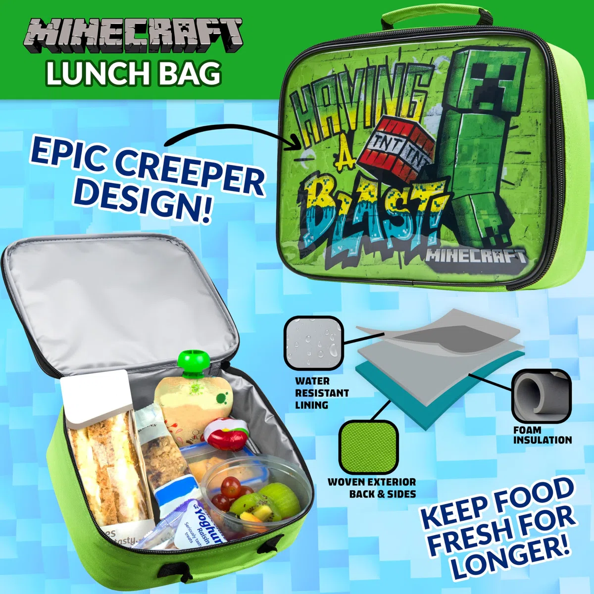 Minecraft Set de Bolsa de Almuerzo para Niños, 3 Piezas, Botella y Bolsa Fiambrera Infantil