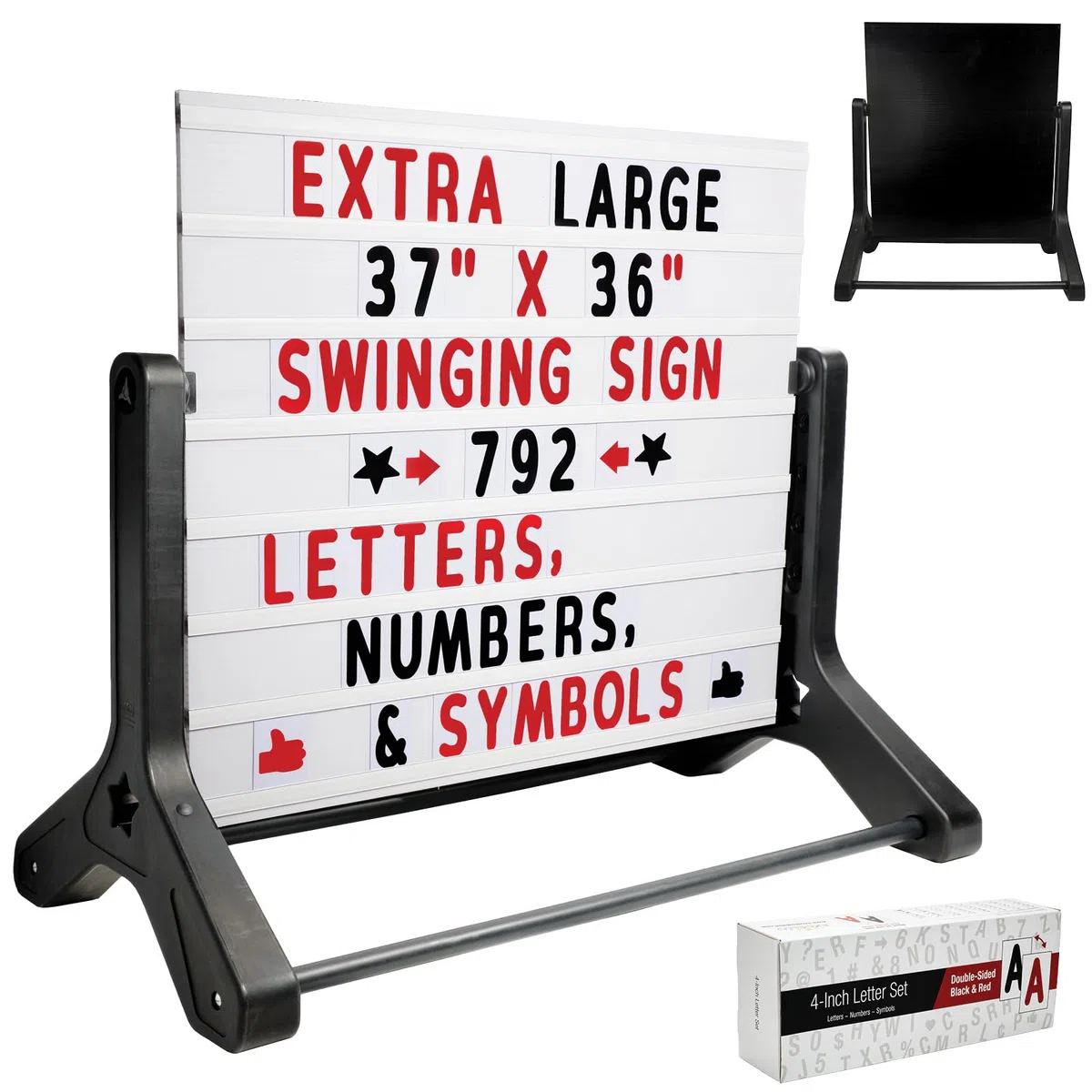 Señal de acera con mensaje cambiable Swing, 37" x 36" con 792 letras precortadas de doble cara y caja de almacenamiento. Incluye tablero negro y 4 pizarras líquidas y cartulina