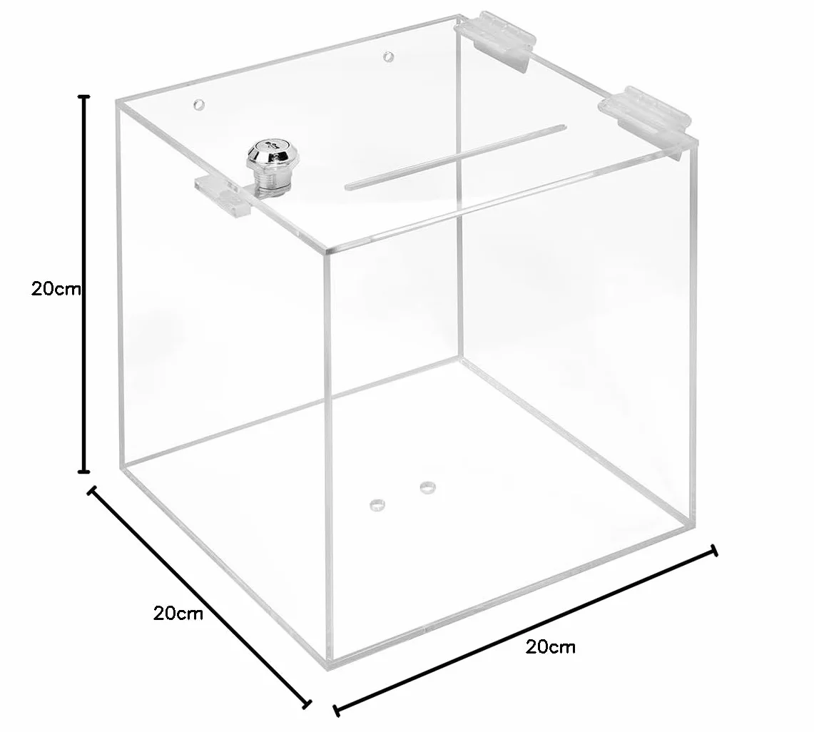 Zeigis® Caja de Cristal Acrílico Con Cerradura 200 x 200 x 200 mm - Para Donación, Acción, Sorteo - Transparente, Plexiglás
