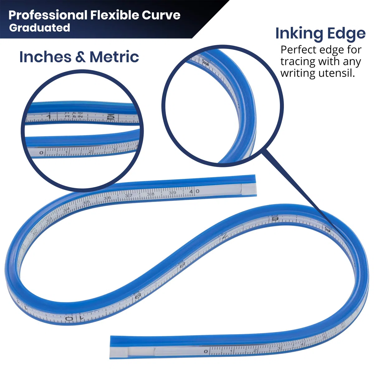 Pacific Arc Regla de curva flexible graduada de 20 pulgadas con borde de tinta, para dibujar, hacer patrones, ingeniería, fabricación de plantillas, ajuste de sillín