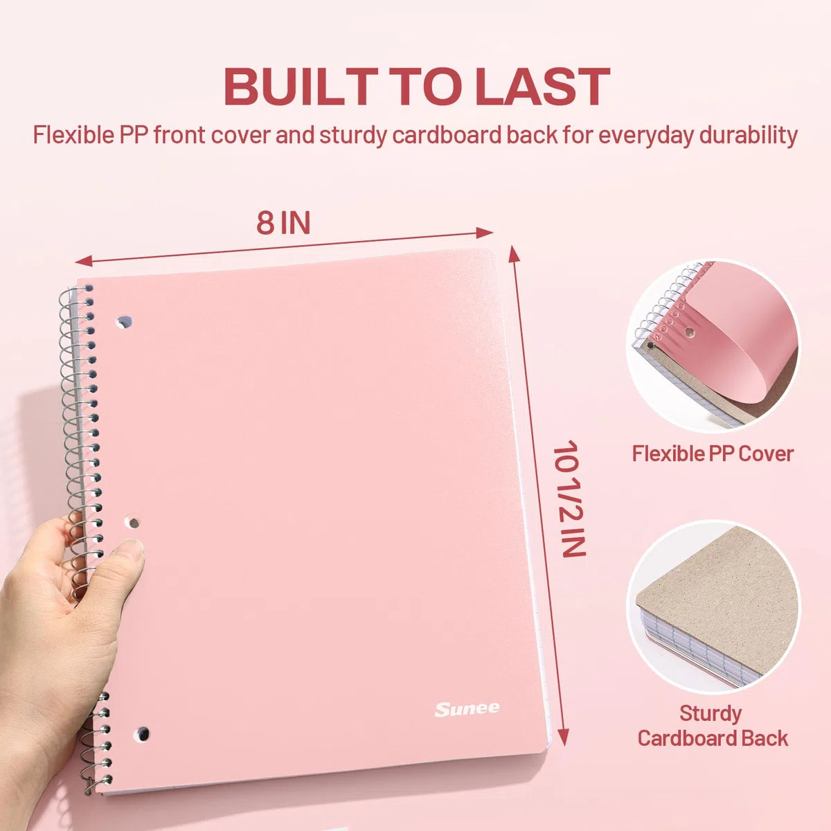 SUNEE Cuaderno en espiral, 1 materia, papel rayado ancho, 8 x 10-1/2 pulgadas, 100 hojas por cuaderno, papel perforado de 3 agujeros, cubierta resistente al agua, bolsillos de doble cara, cuadernos