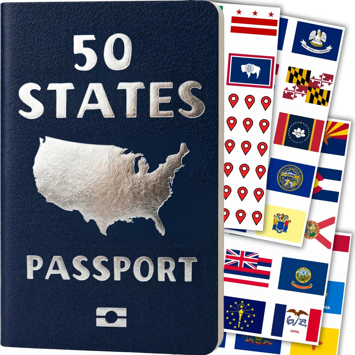 Libro de pasaportes de 50 estados, con calcomanías de bandera estatal y rastreador de mapas de viaje