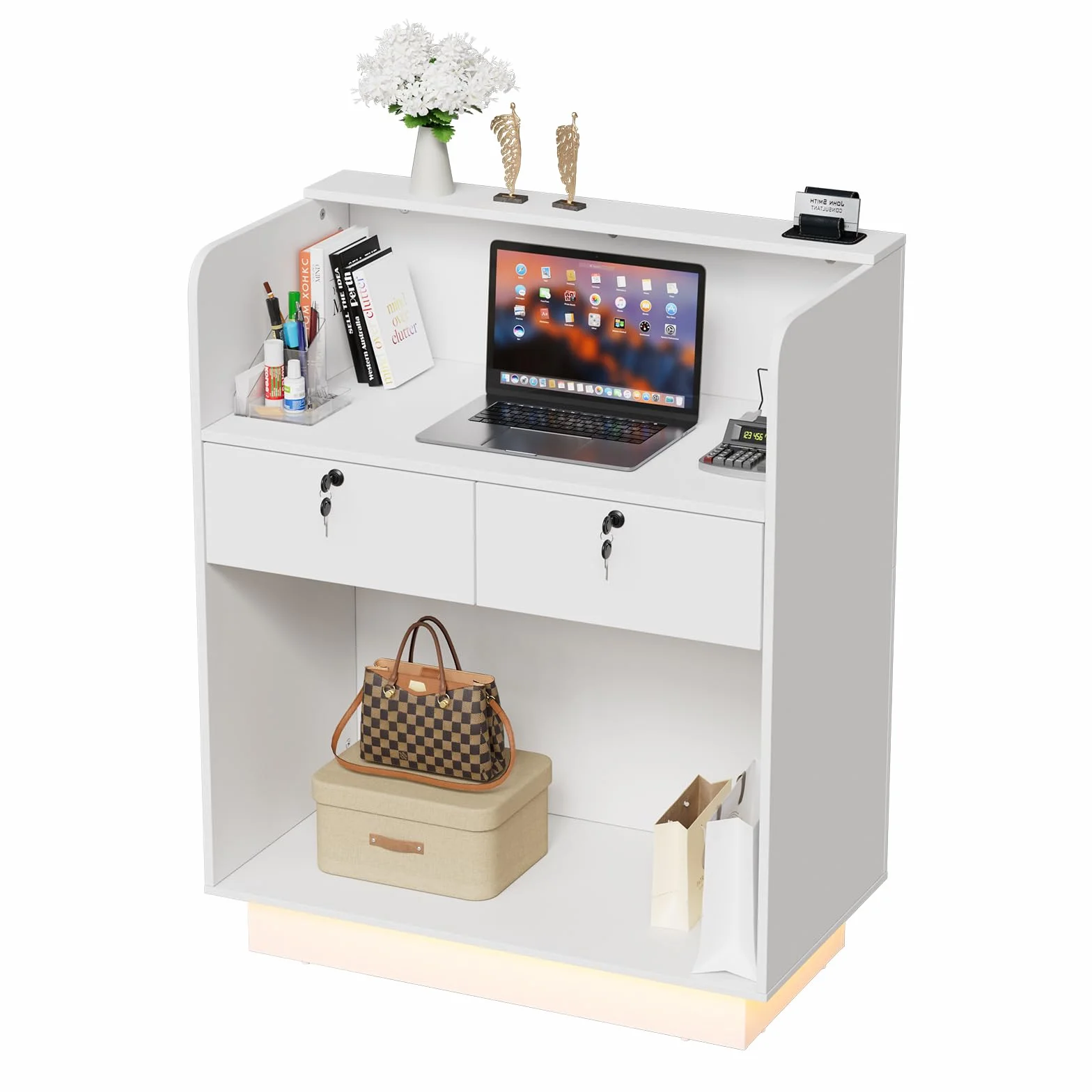 MSFE Mueble Recepción con LED, Mostrador Pequeño 103x80x45cm con Estantes Ajustables y Cajón con Cerradura