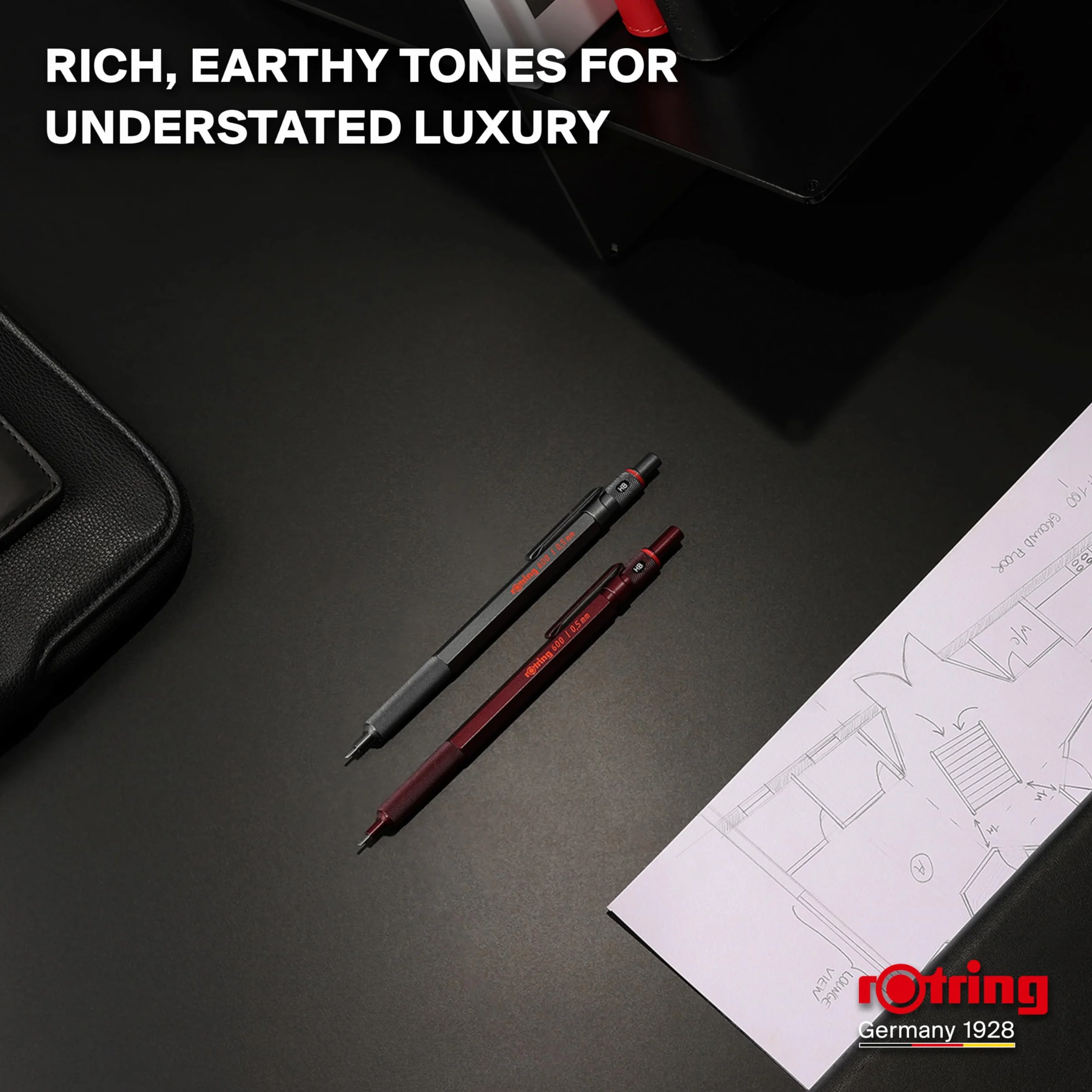 rOtring 600 Portaminas | Mina HB0,5 mm | Portaminas con cuerpo metalizado completo | Piedra oscura | Agarre estriado antideslizante y cuerpo hexagonal