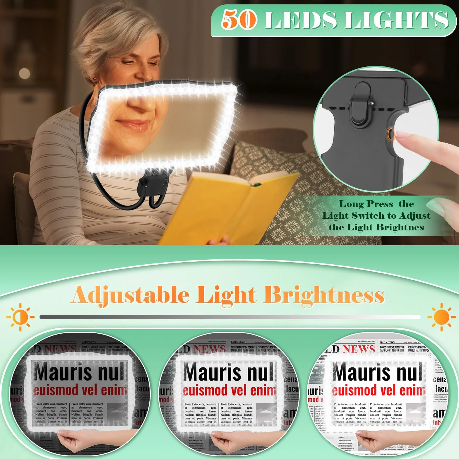 NZQXJXZ 10X Recargable Lupa con Luz, Lupas Grandes con Manos Libres para Leer Libros, Lupa de Página Completa de Libro, Lupa de Cuello de Cisne Flexible para Reparar, Coser, Personas con Baja Visión