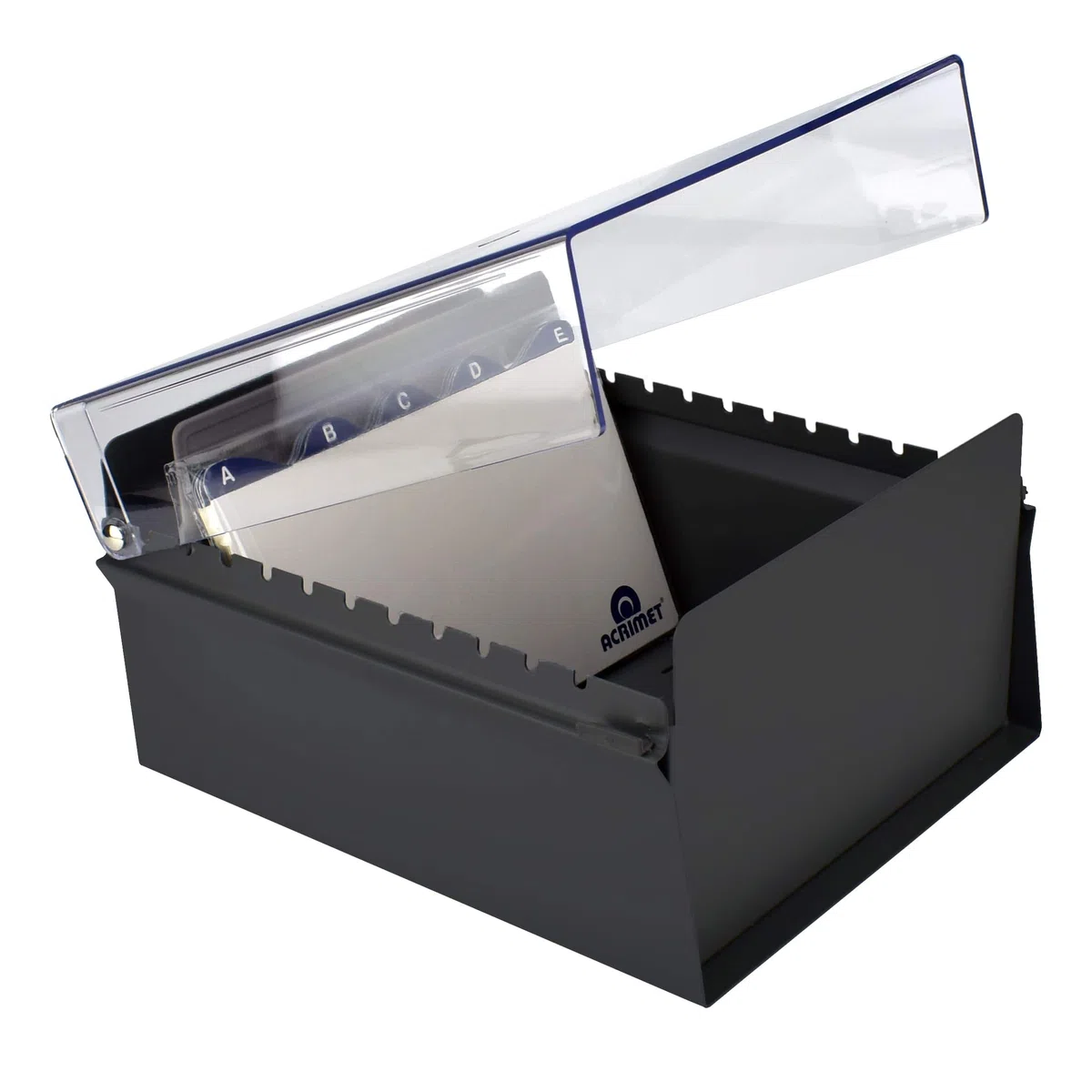 Acrimet Porta Tarjeta 6"x 9", Organizador de Fichas, Base de Metal Resistente (Incluye Índice AZ y un Divisor de Plastico) (Base Negro y Tapa de Plástico Transparente)