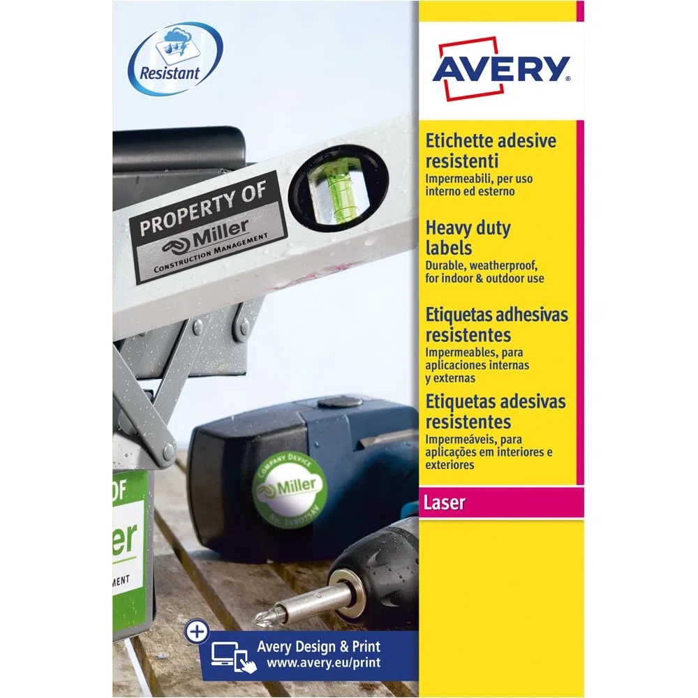Avery España L4778-20 -Etiquetas blancas resistentes intemperie y agua,45,7x21,2 m, Caja de 960 etiquetas