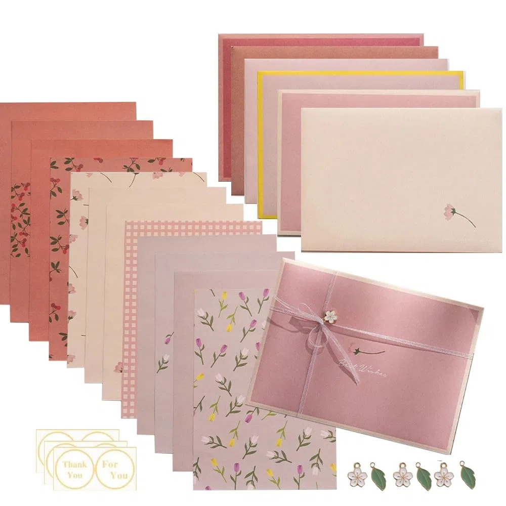 Papel de escritura estacionario con sobres, papel de escritura floral, papel de papelería vintage con calcomanías y cintas de gasa, 12 hojas con 6 sobres
