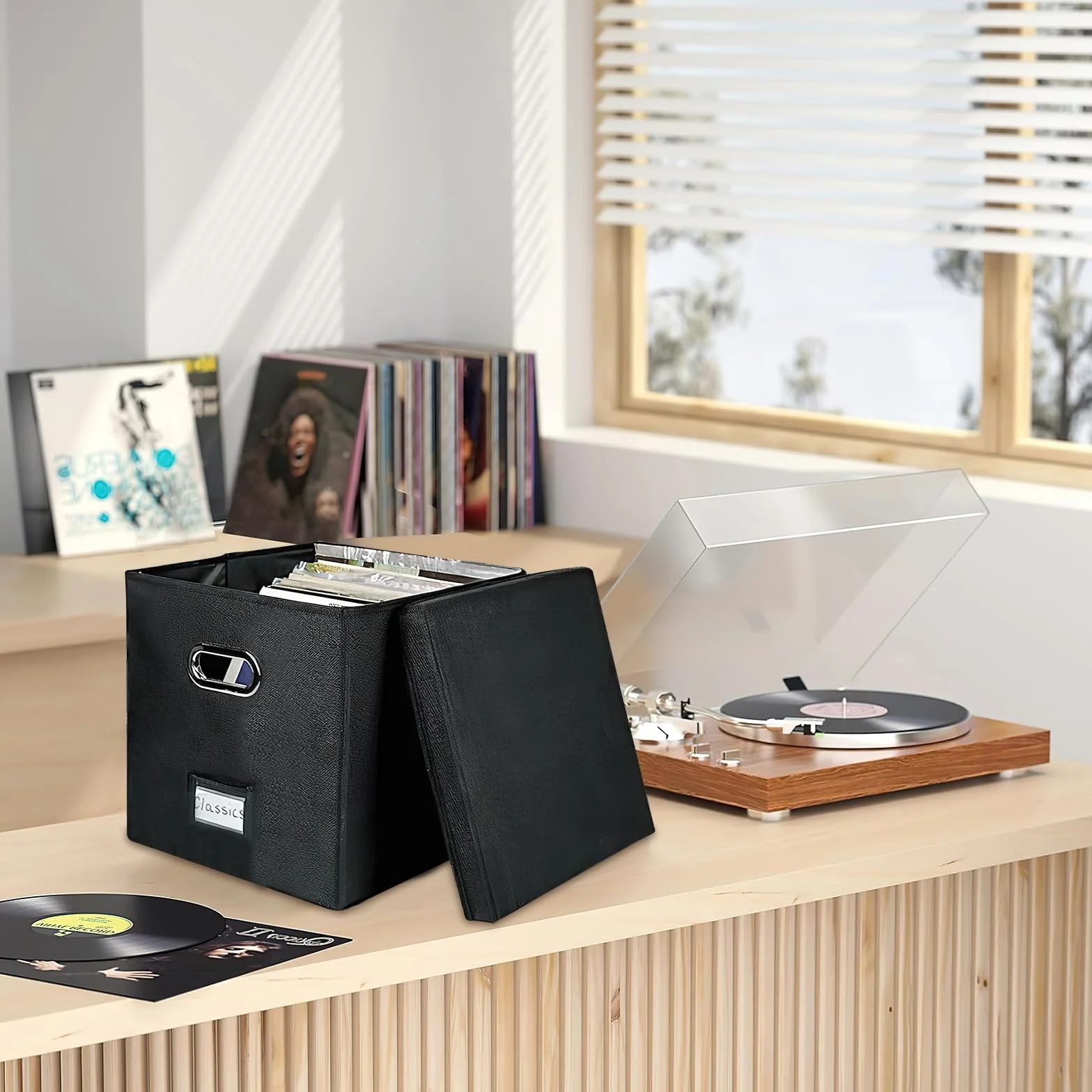 4 cajas de almacenamiento de discos de vinilo de 12 pulgadas, caja de almacenamiento de CD con tapa y asas, cajas de almacenamiento plegables para LP con capacidad para hasta 100 discos
