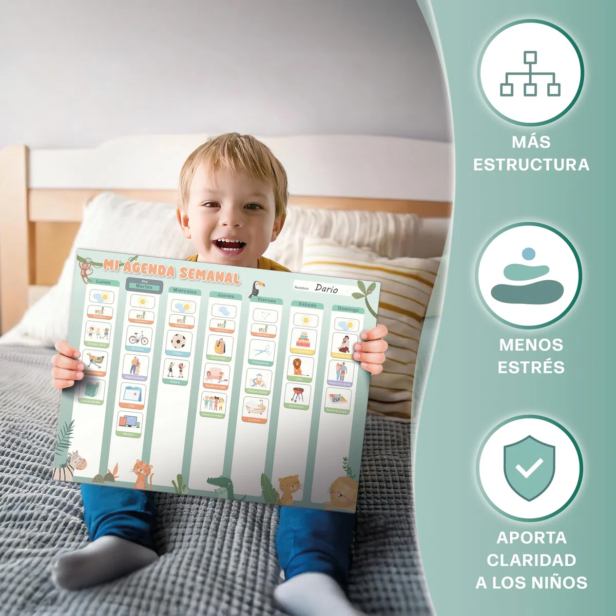Planificador semanal para niños - Pizarra magnética Montessori con un bonito diseño que incluye 196 imanes y un bolígrafo - Juegos educativos a partir de 3 años - Calendario infantil