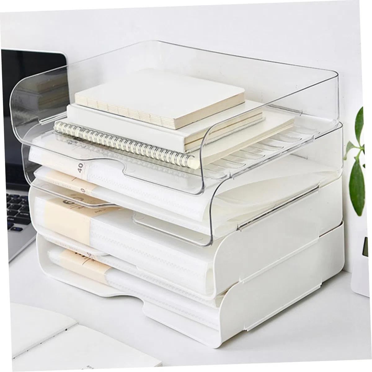 HOMSFOU Bandeja Organizadora de Papel de Escritorio Apilable 4 Uds Pet | Organizador de Papeleo para Oficina y Hogar, Diseño Elegante, Uso del Espacio
