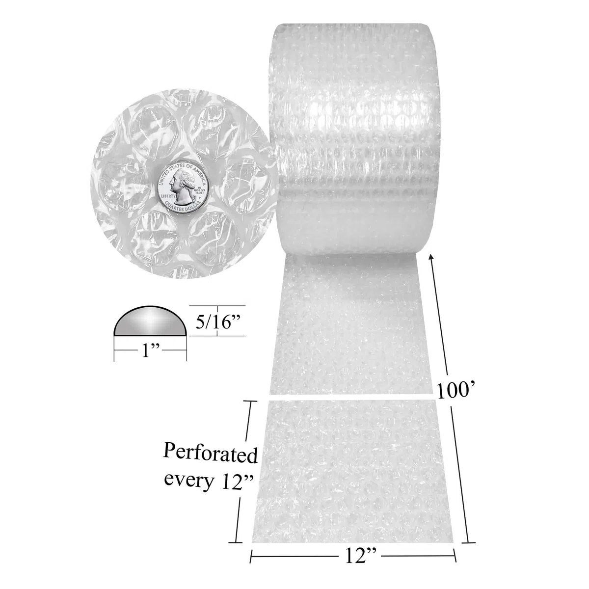 Rollo de papel de acolchado de burbujas tamaño mediano de 1,5 cm x 30,5 cm