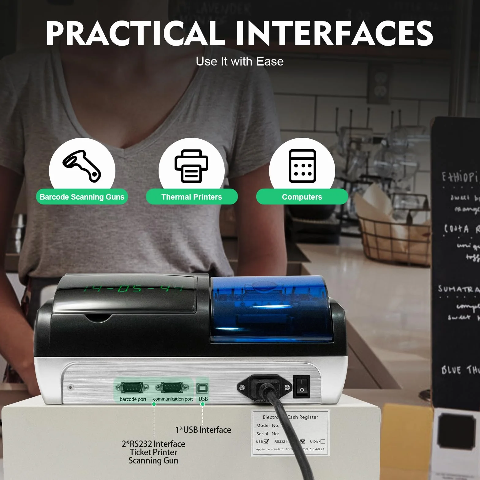 Caja registradora electrónica KumuJ Venta al por menor Sistema POS Cajón Sólido De Con 48 Teclas 40W Pantalla Digital Equipado para el Comercio, Caja registradora para Pequeñas Empresas