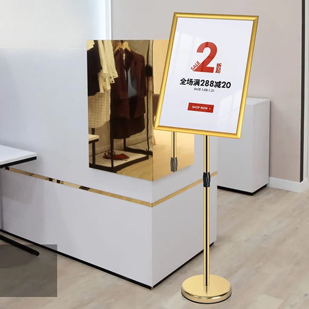 Soporte de Suelo Ajustable para Carteles, Soporte de Pedestal, Soporte de Aluminio para Carteles publicitarios, Soporte de pie para Carteles publicitarios en Tiendas y Negocios., Gold-A3