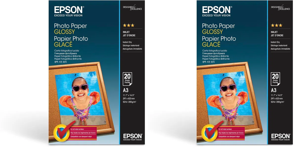 Papel fotográfico brillante A3 de Epson, 200 g/m², 20 hojas (Paquete de 2)