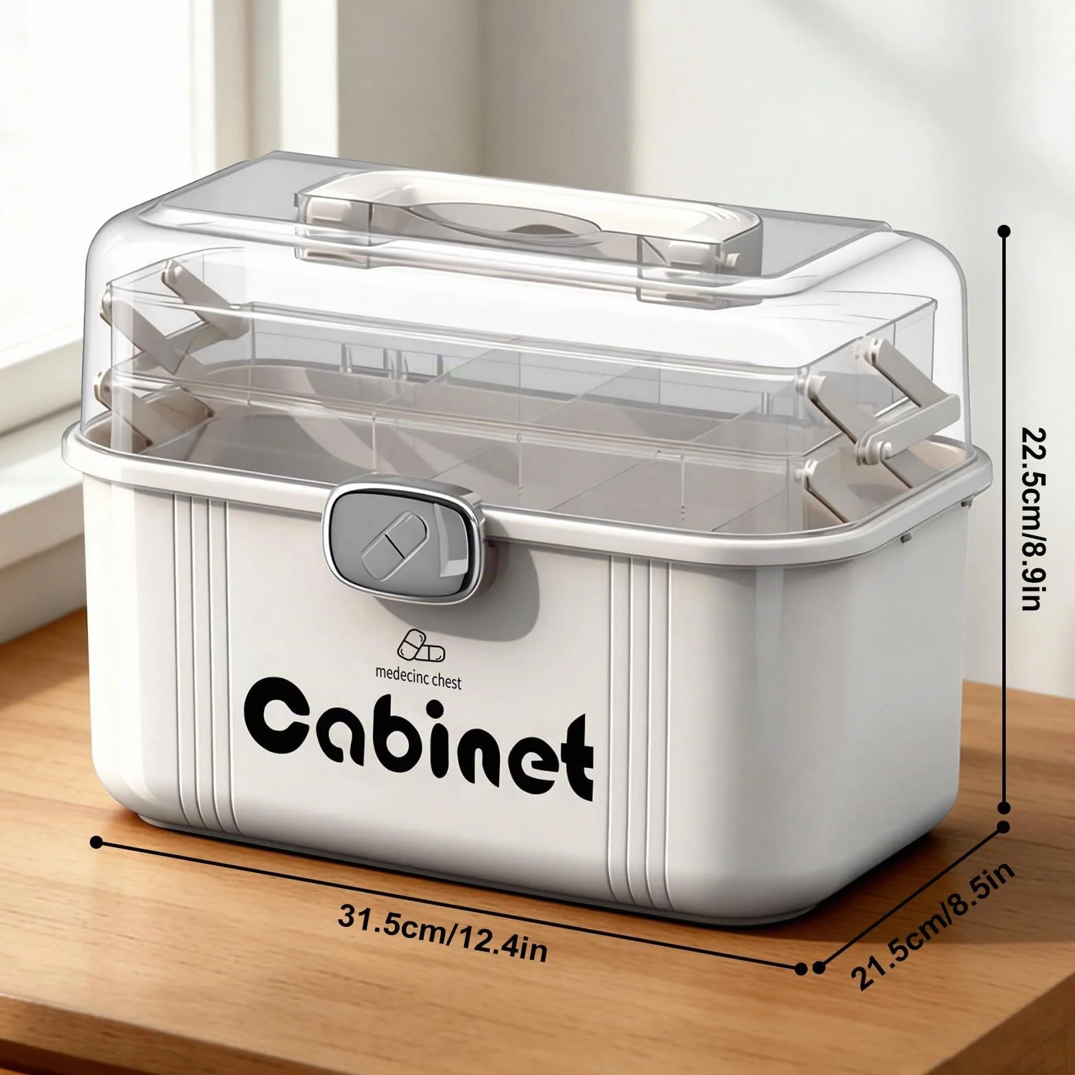 Caja Medicamentos & Medicine Organizer – Caja Almacenaje Plástico 3 Niveles con Asa, Gran Capacidad para Hogar, Viajes, Uso Diario (31.5 x 22.5 x 21.5 cm)