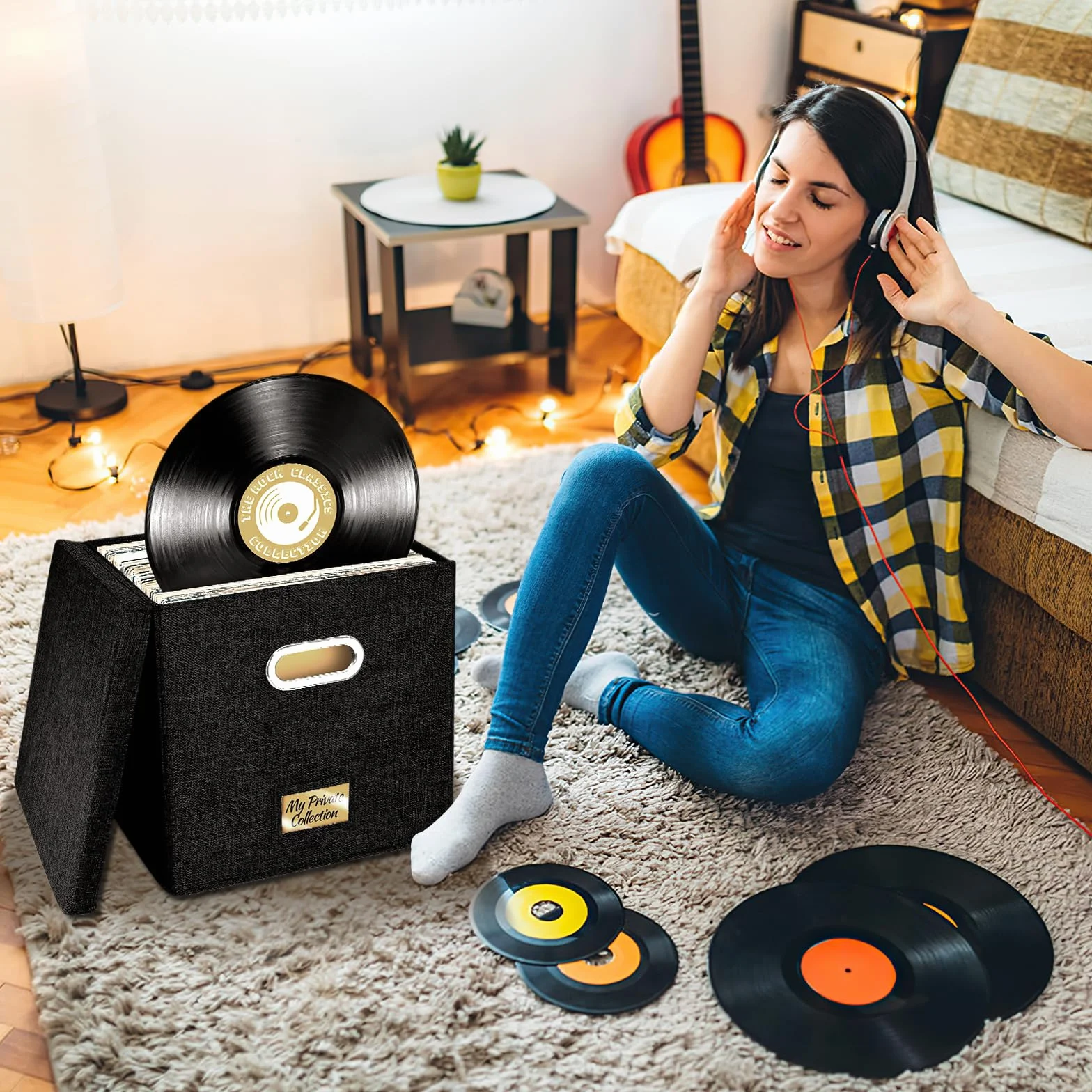 4 cajas de almacenamiento de discos de vinilo de 12 pulgadas, caja de almacenamiento de CD con tapa y asas, cajas de almacenamiento plegables para LP con capacidad para hasta 100 discos