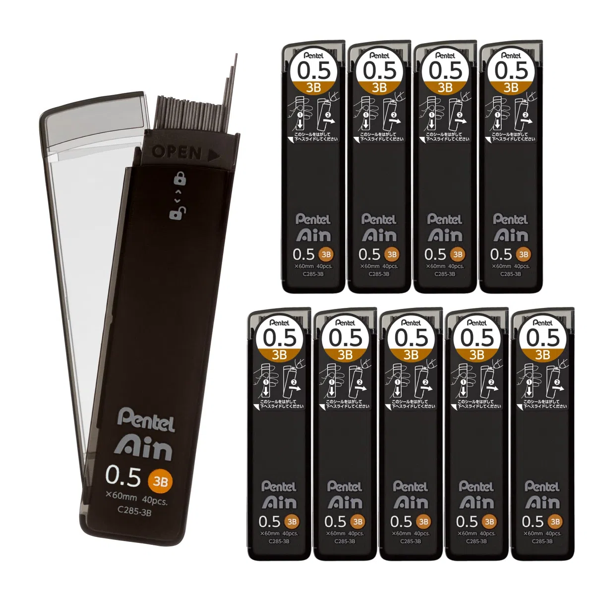 Pentel Ain Lead Refill • 0,5 mm • 3B • Caja de 10