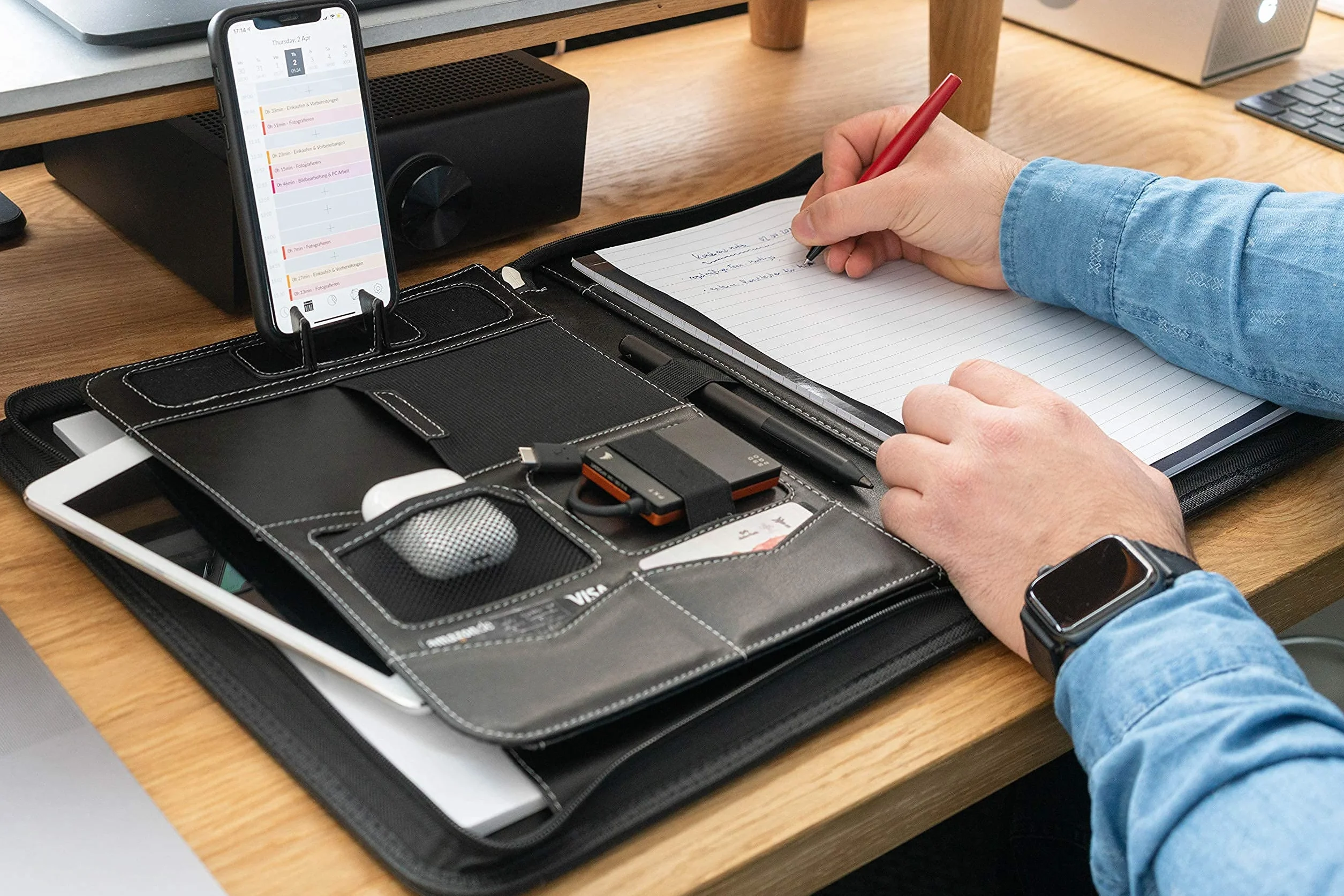 Portadocumentos A4 Premium con doble cremallera y compartimento de 13 pulgadas para la tableta, IPad Carpeta de Conferencias profesional de PU-cuero para hombres y mujeres