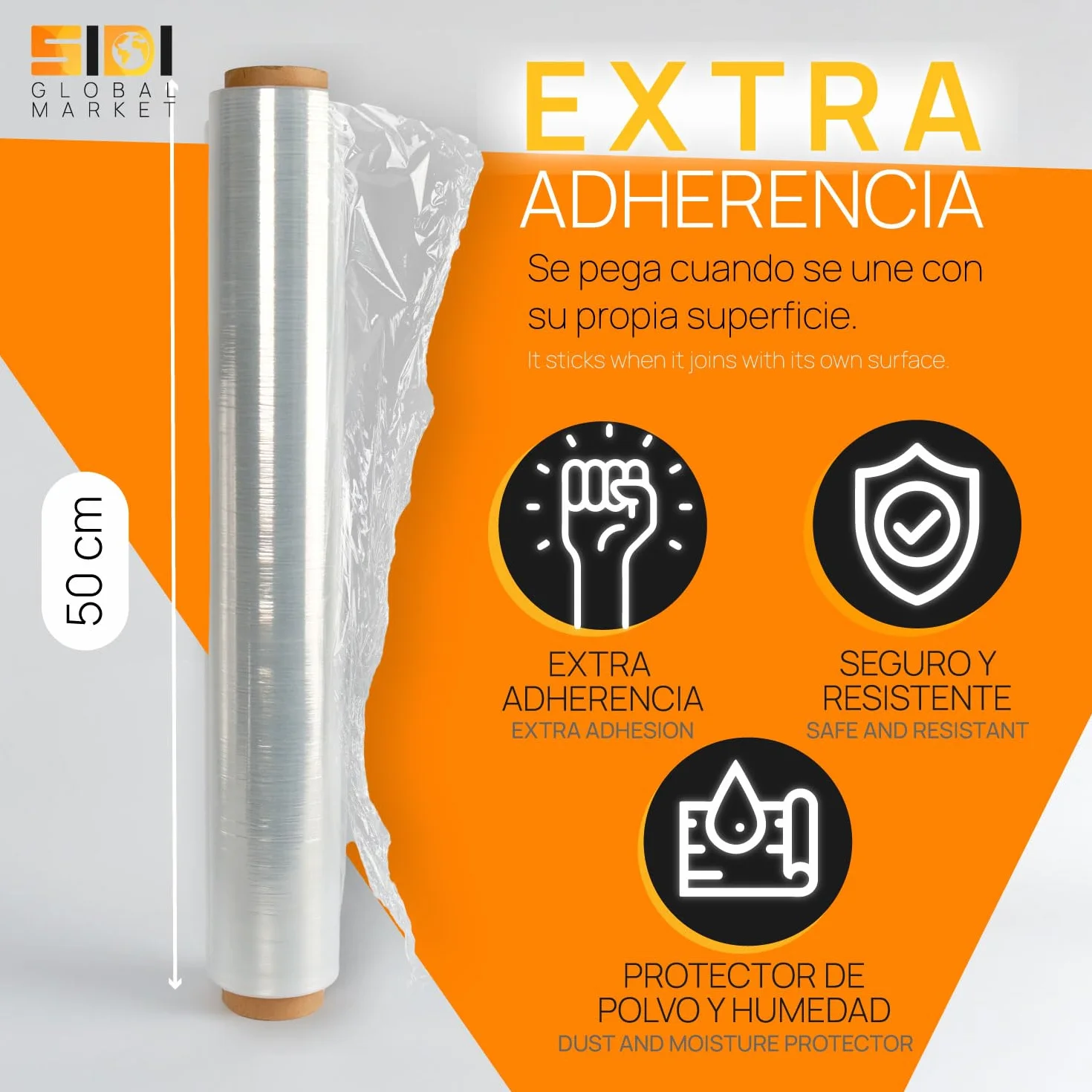 Film Blanco para Embalar, Film, Papel Film, Rollo de Plastico Protector Muebles, Cajas Mudanza, Plastico Cubretodo 50cm x 300m estirables - SIDI (6 unds, Blanco)