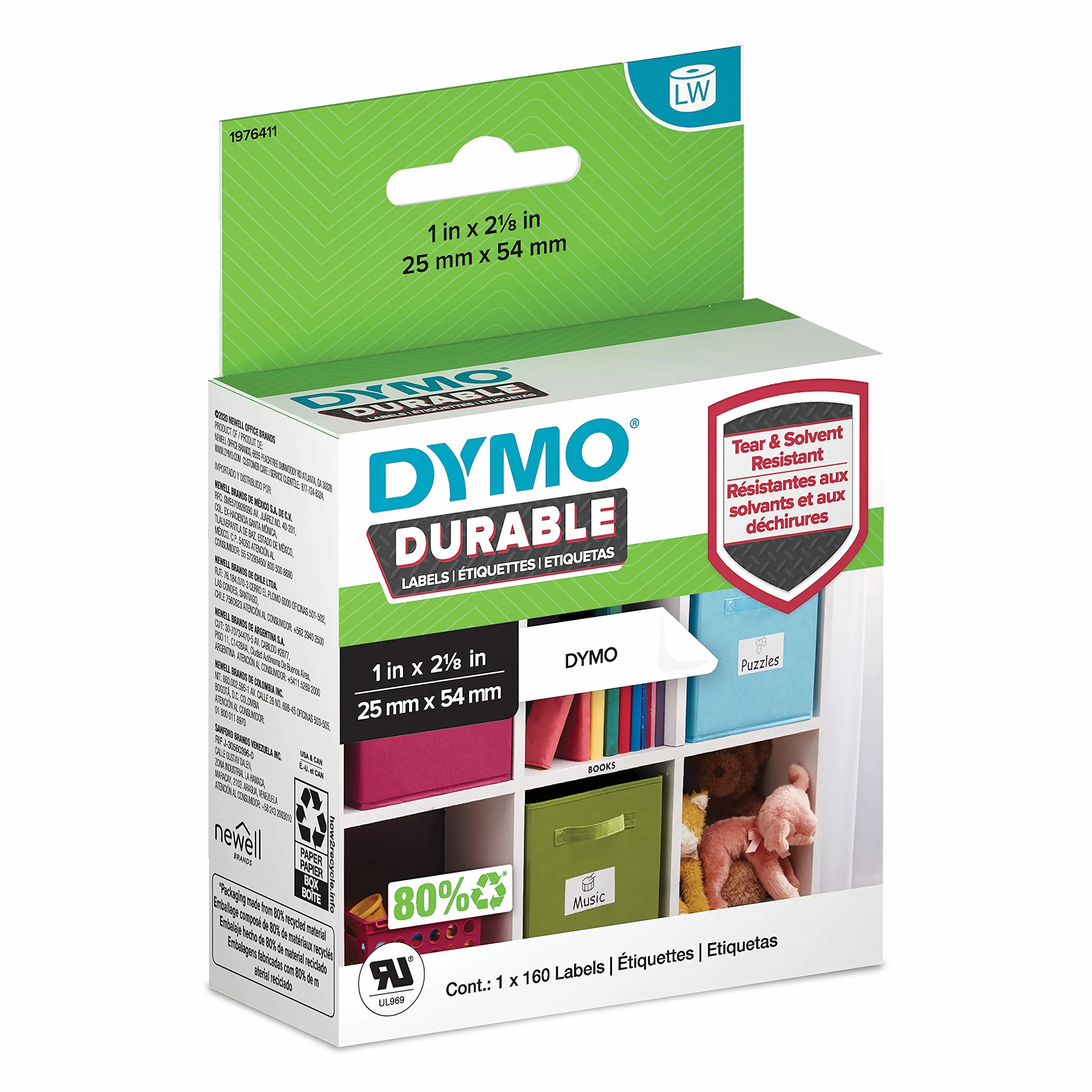 DYMO Original LabelWriter Etiquetas duraderas | 25 mm x 54 mm | Poliéster blanco | 160 etiquetas autoadhesivas | Alto rendimiento | Para etiquetadoras LabelWriter
