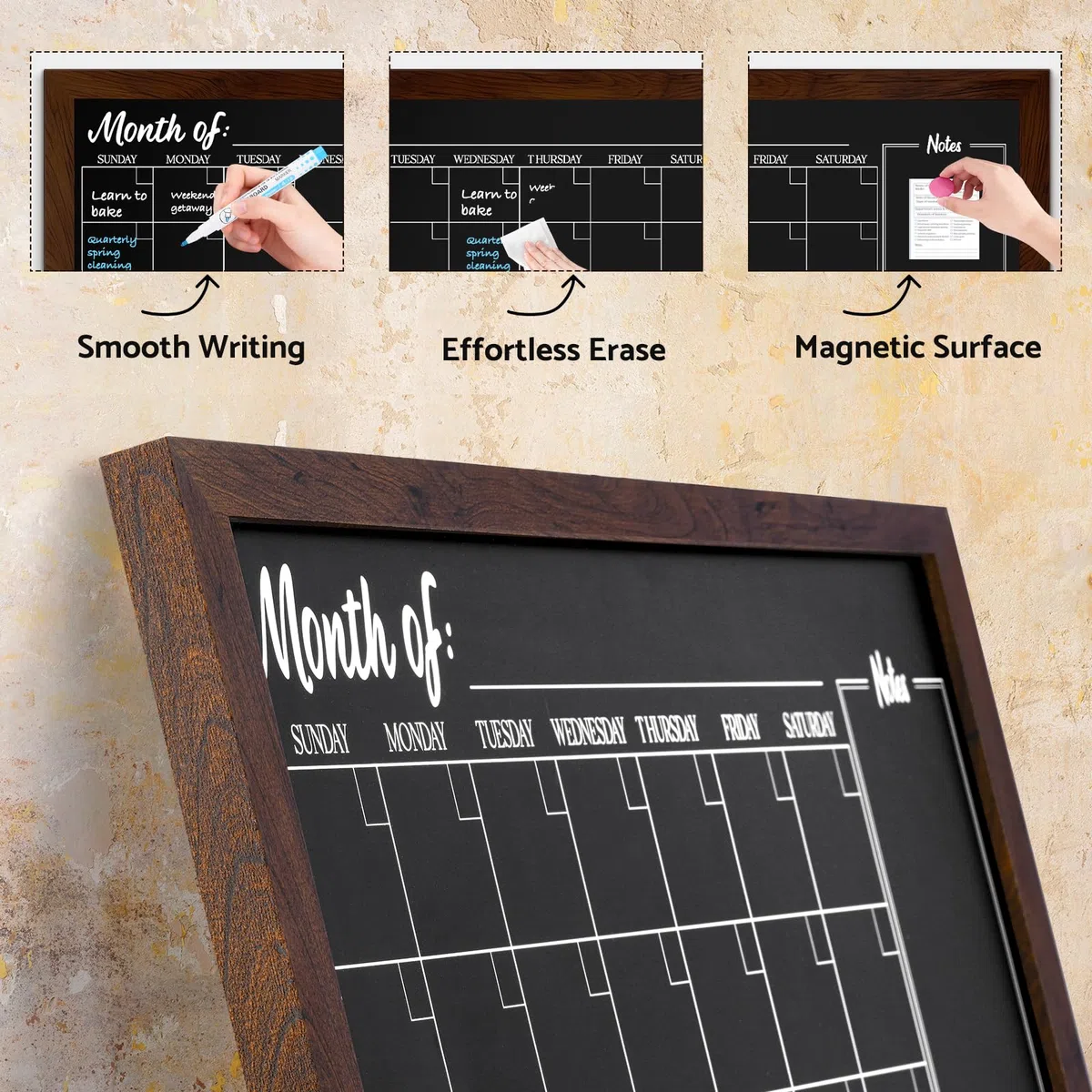 Dollar Boss Pizarra con calendario de corcho, pizarra magnética de 24 x 18 pulgadas para pared, marco de madera rústico, calendario mensual, planificación, menú, tablero, para oficina, hogar, escuela,