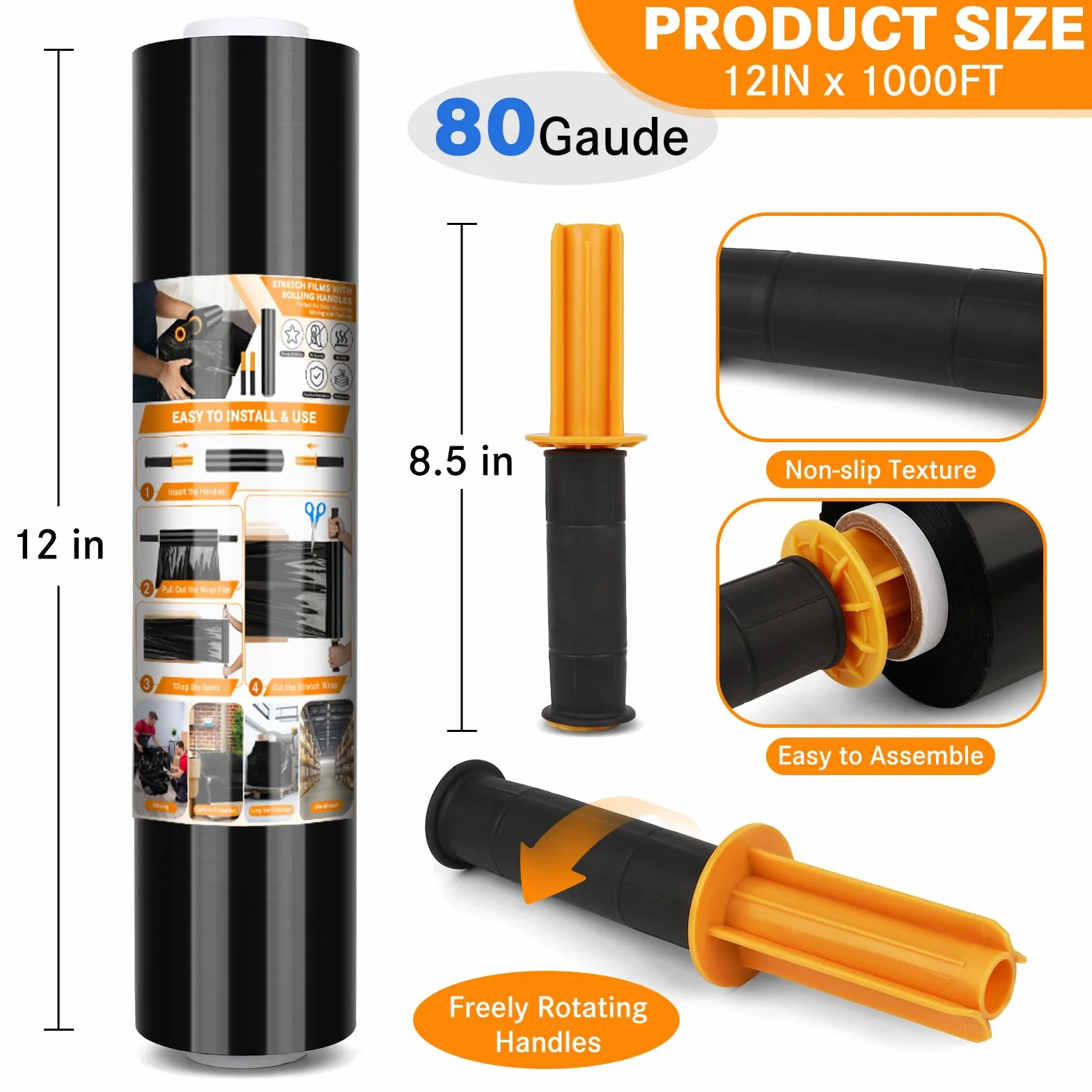 Film para Embala, 20 Micras Resistencia Industrial de Estiramiento Con Asas Rollos de Plastico Embalaje Film para Embalaje Industrial y Envoltura Mudanza(Negro/38cm x 300m, 2 Rollo)
