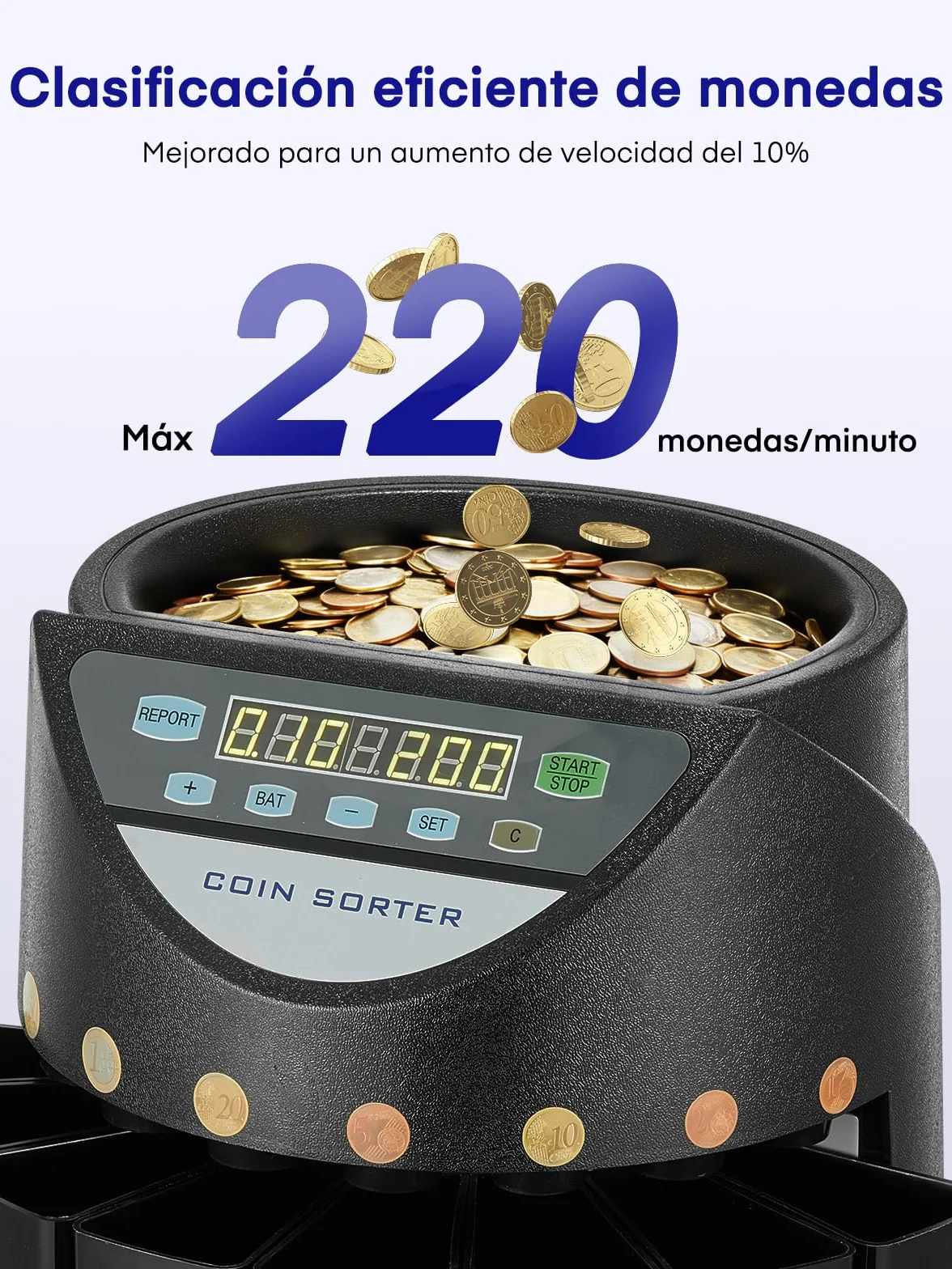 Contador de Monedas Euro, Clasificador de Monedas Capacidad para 800 monedas, Maquina Contar Monedas con 8 cajones de recolección, para colegios, tiendas y bancos