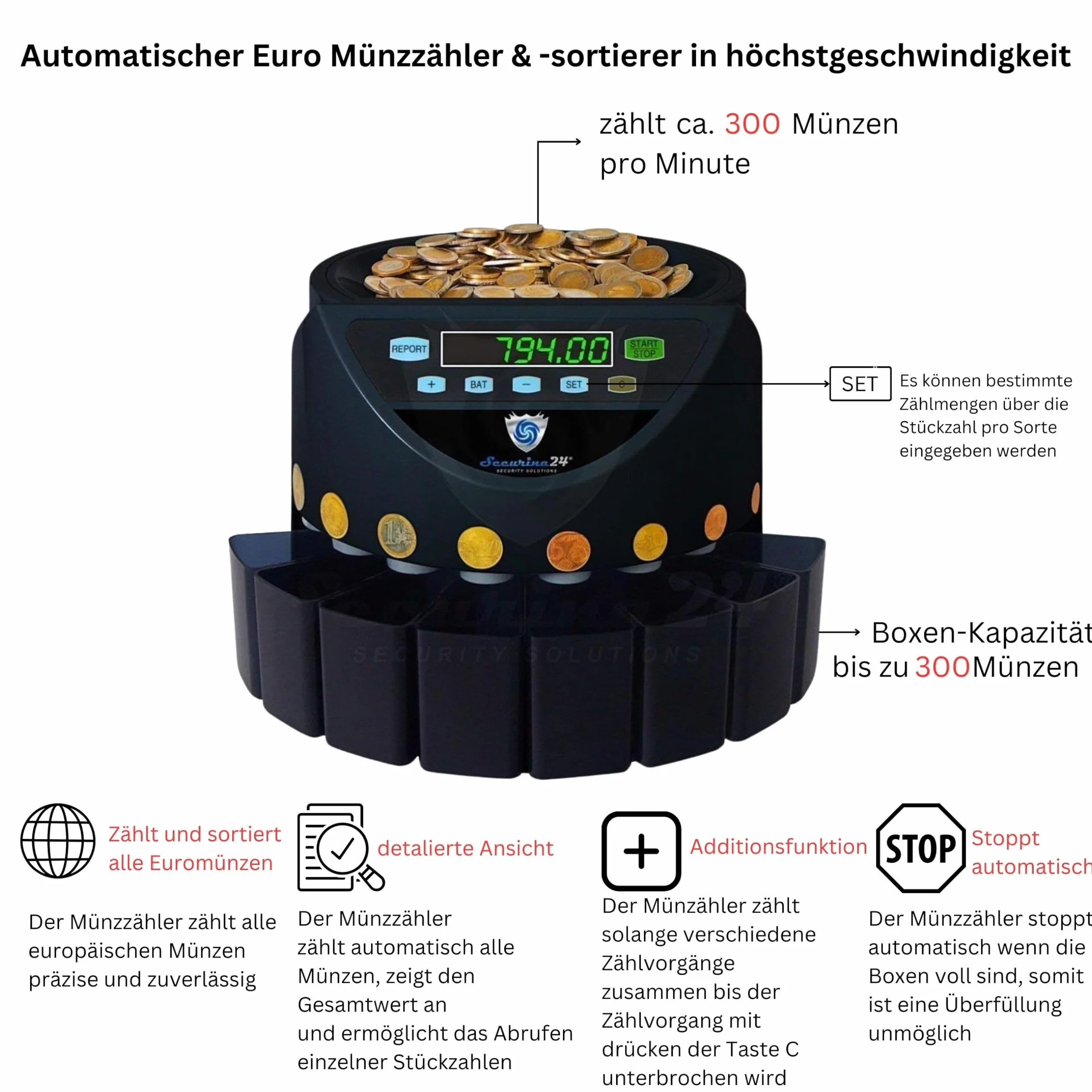Securina24 SR1200BBB Automatyczny Licznik Monet Czarny