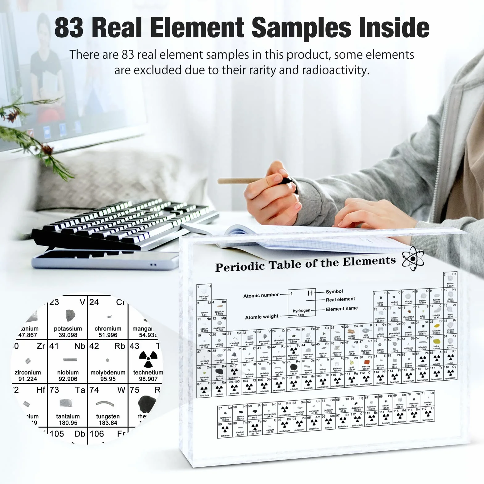 Tabla Periódica de Acrílico con 83 Elementos Reales 21x14x2,7 cm Regalo de Química