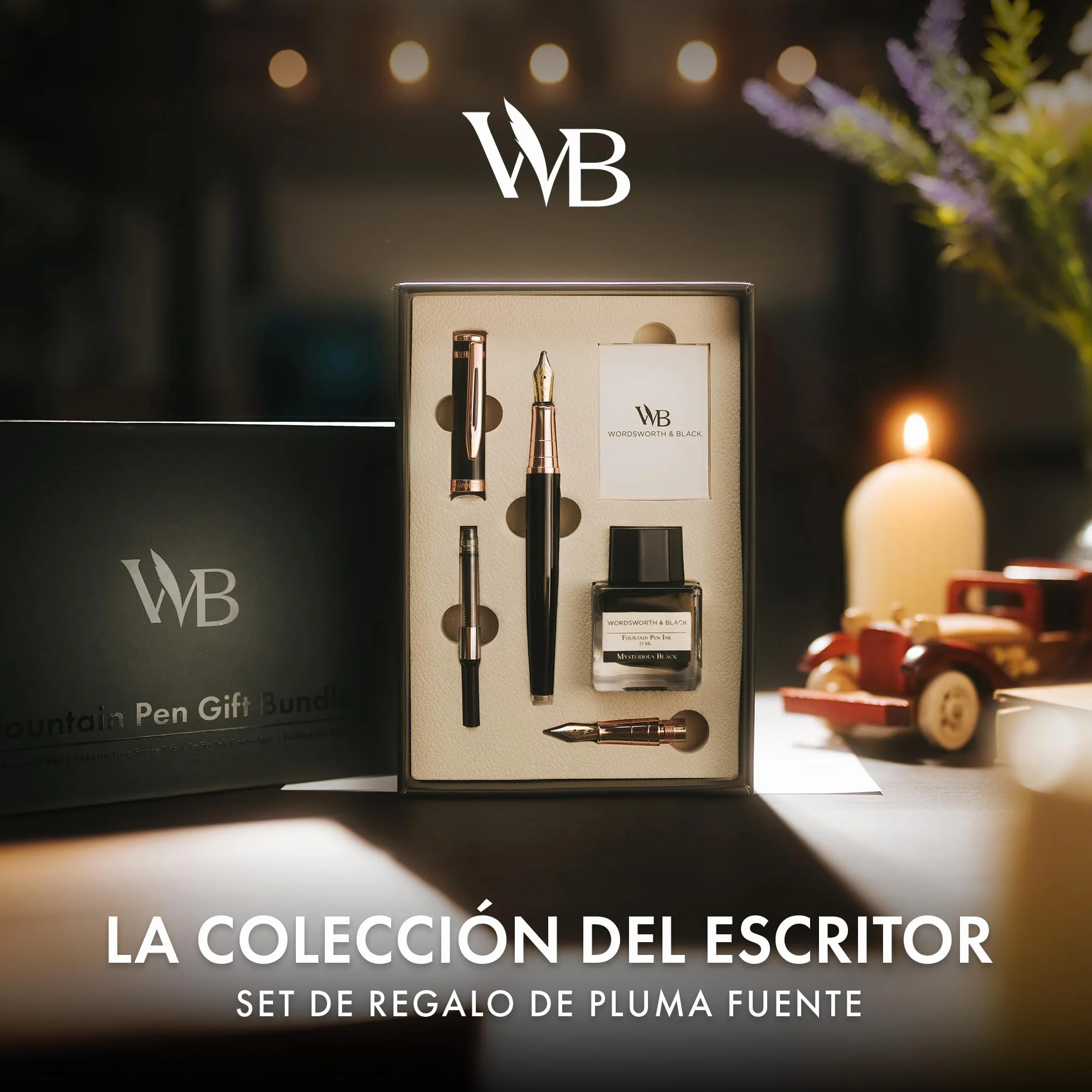 Wordsworth & Black Juego de pluma estilográfica, plumines medio y extrafino chapados en oro de 18K,botella negra de 25ML,6 cartuchos de tinta,convertidor de recarga,escritura suave [Negro y Oro Rosa]