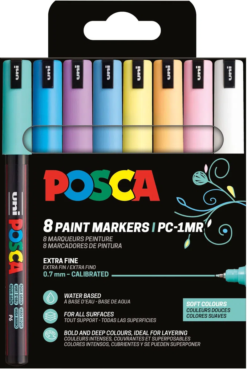 POSCA 181752 - Set de rotuladores POSCA, 8 rotuladores acrílicos PC-1MR, rotuladores permanentes con punta redonda de 0,7 mm