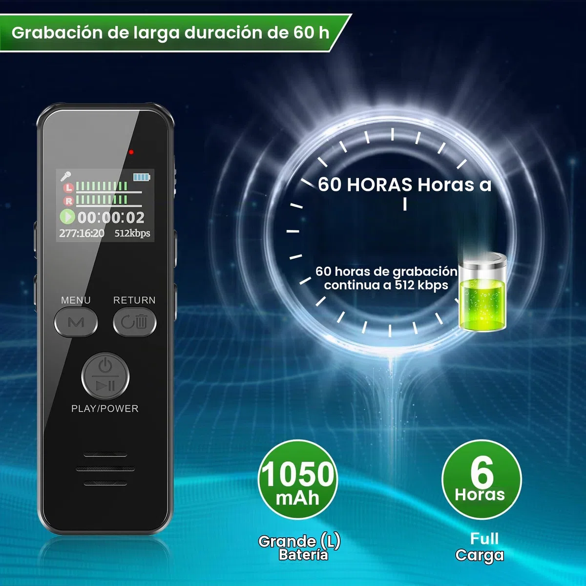 60Horas Grabadora de Voz, 64GB Carcasa Metálica Grabadora de Audio Activada por Voz con Contraseña, USB C, para Conferencias Reunión Clase Entrevistas