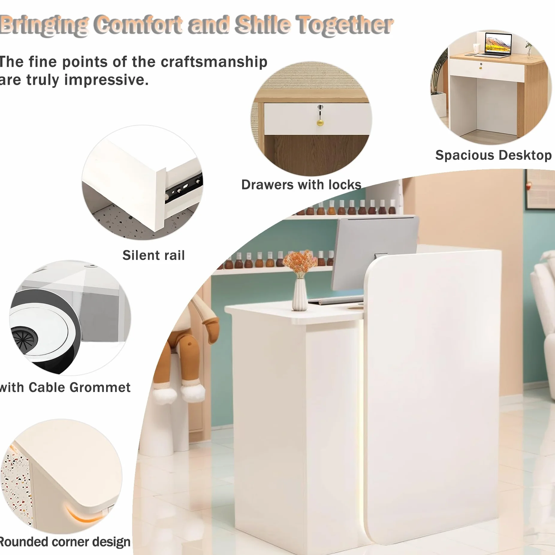 Mostradores para Tiendas,Mostrador Recepcion Moderno,Recepciones Peluqueria,Mesa de Recepción con Cajón Cerradura,Mueble de Recepción,para Oficina Comercio Hotele Salones de Belleza(Wit,60X45X100CM)