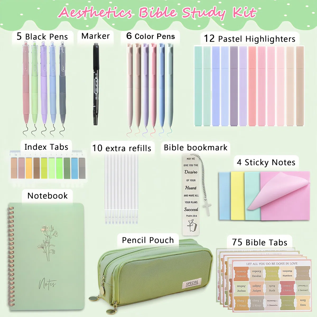 SHINYHARBOR Suministros de estudio bíblico para mujeres y estudiantes, kit bíblico de estudio, accesorios esenciales para el estudio escolar con estuche, bolígrafos y recambios, pestañas de la Biblia