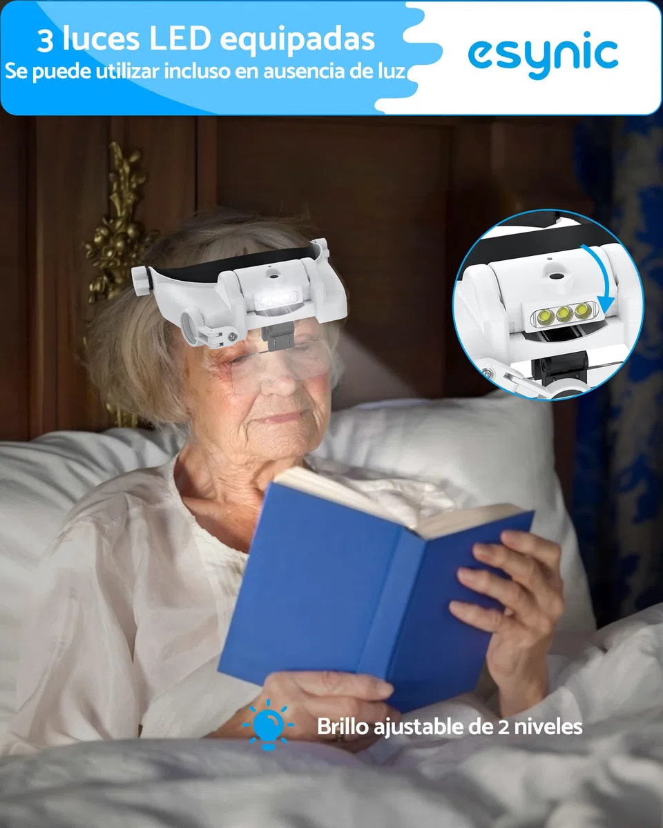 eSynic Gafas de Lupa Recargable con 3 LED, Lupa de Gran Aumento 1X a 14X con Ajuste de Brillo y 5 Lentes Desmontables (1.0X,1.5X,2.0X,2.5X,3.5X) para Manualidades,Leer,Coser,Reparación